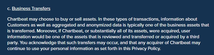 Chartbeat Privacy Policy: Business Transfers clause