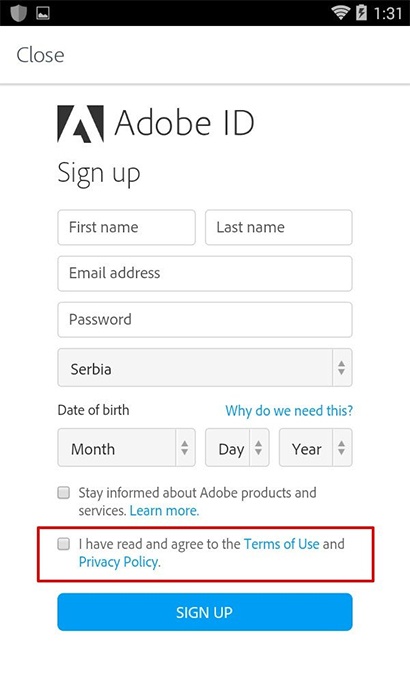 Adobe ID Sign-up screen: Clickwrap example with agree to Terms and Privacy Policy - highlighted