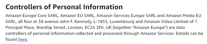 Amazon UK Privacy Notice: Controllers of Personal Information clause - GDPR