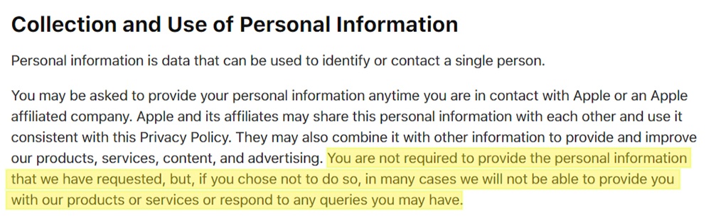 Apple Privacy Policy: Collection and Use of Personal Information clause - not mandatory to provide section highlighted