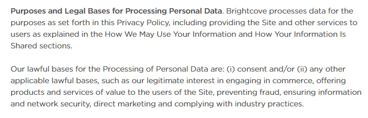 Brightcove Website Privacy Policy: Purposes and Legal Bases for Processing Personal Data clause