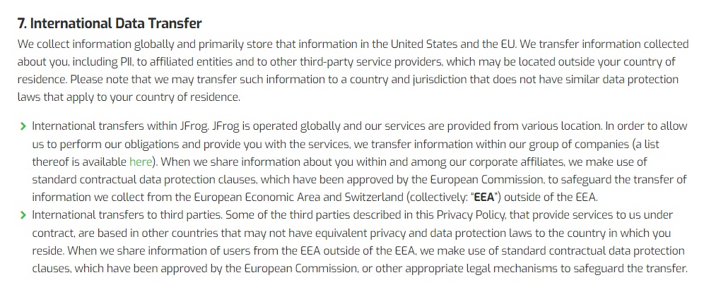 JFrog Privacy Policy: International Data Transfer clause
